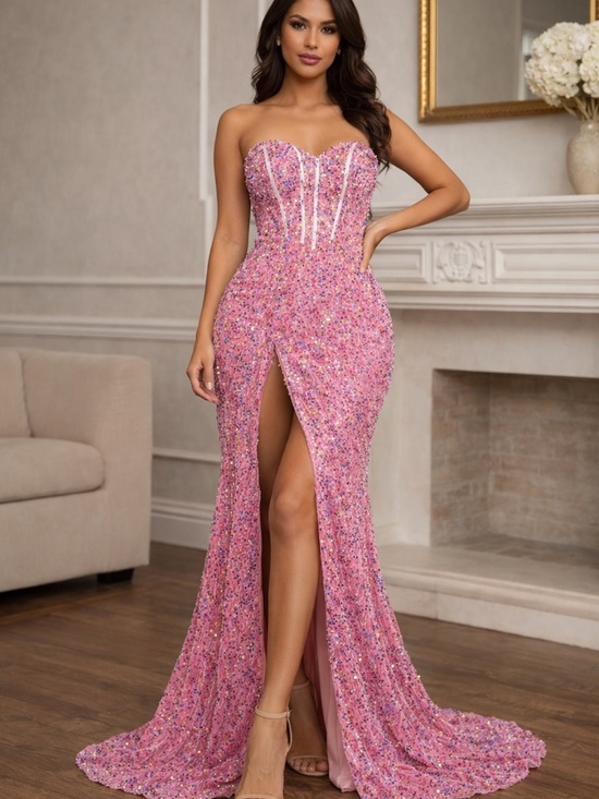 Dresses & Skirts - Strapless Pink Sequin Evening Gown with Front Slit